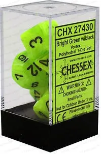 D7-Die Set Dice Vortex Polyhedral Bright Green/Black (7 Dice in Display)